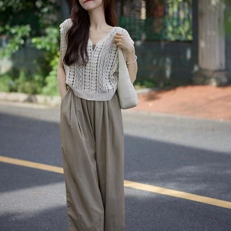 夏季休閒套裝女新款茶系小個子微胖時尚港風高級韓劇鹽系三件套裝