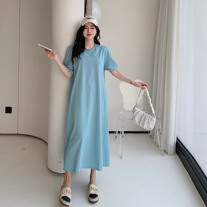 寬鬆遮肚減齡連衣裙大碼顯瘦休閒過膝T恤裙