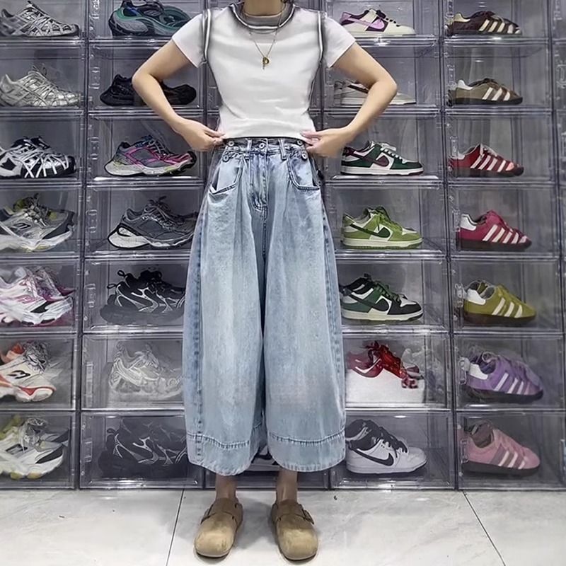 薄款大碼顯瘦直筒寬鬆梨型身材闊腿牛仔褲