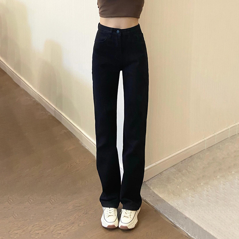 窄版美式高街刷毛彈力高腰顯瘦牛仔褲