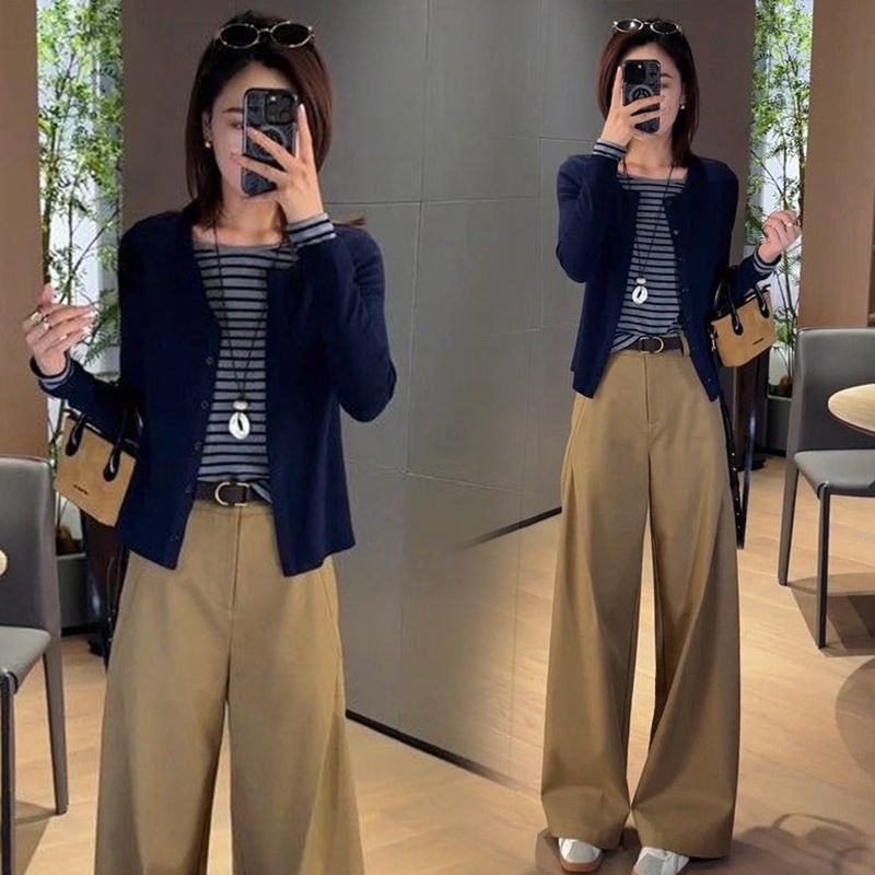 【單件/套裝】減齡洋氣時尚撞色假兩件長袖T恤+顯瘦休閒闊腿褲兩件套