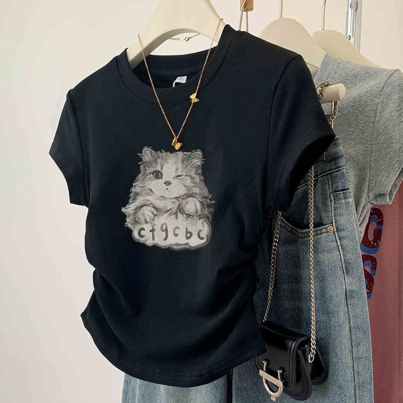 貓咪正肩設計感小眾修身顯瘦辣妹短版短袖t恤