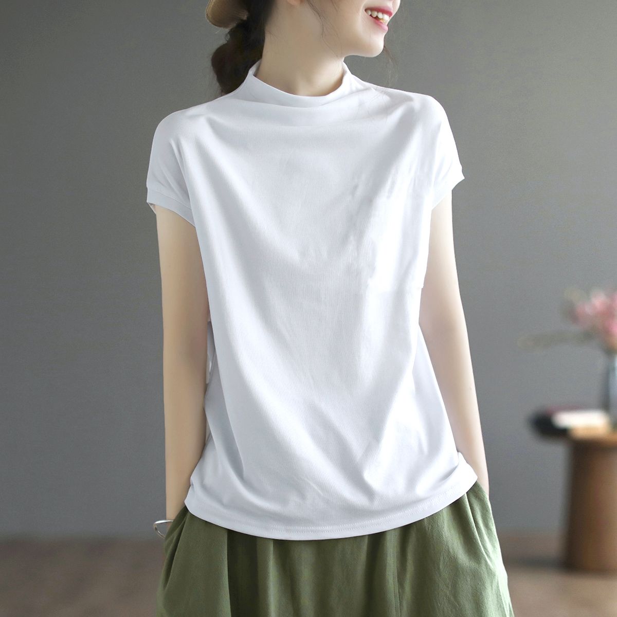 純棉文藝寬鬆顯瘦百搭半高領t恤短袖
