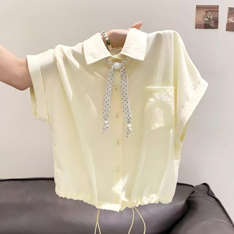 波點絲帶法式polo領小眾設計短袖襯衫