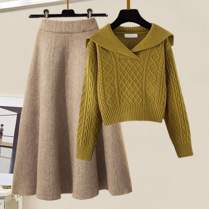 【單件/套裝】慵懶風娃娃領麻花毛衣+高腰A字針織半身裙兩件套