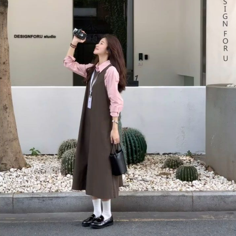 【單件/套裝】減齡粉色長袖襯衫+寬鬆背帶長裙兩件套