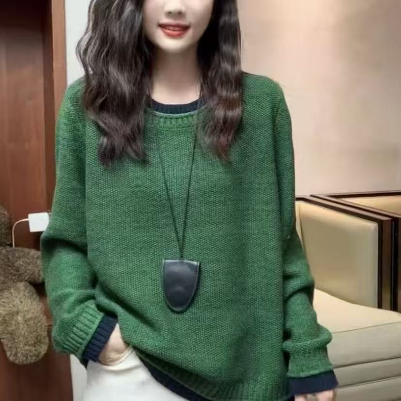慵懶風極簡領撞色休閒百搭時尚針織衫