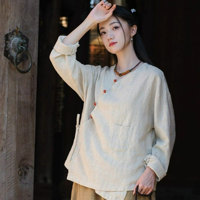 復古盤扣文藝禪意茶服系帶短款棉麻開衫