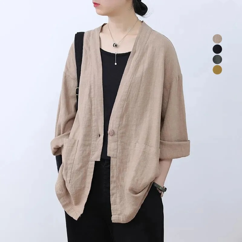 日系休閒棉麻寬鬆顯瘦一粒扣長袖開衫