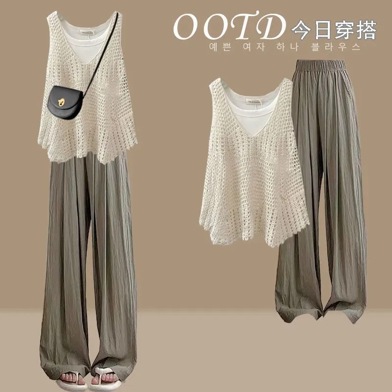 【單件/整套】溫柔穿搭韓版百搭氣質吊帶高腰闊腿褲子三件套裝