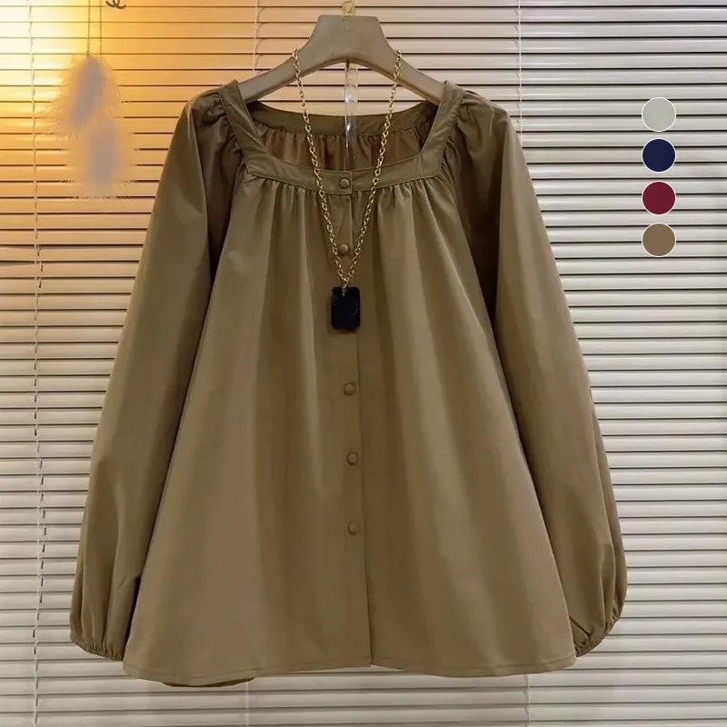 多巴胺長袖法式寬鬆方領褶皺百搭襯衫