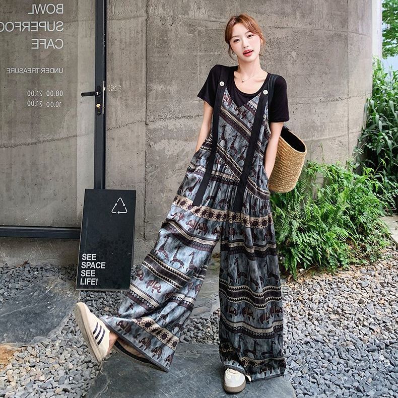 【單件/套裝】小眾波西米亞民族風背帶連體闊腿褲+短袖兩件套裝