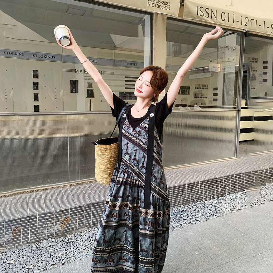 【單件/套裝】小眾波西米亞民族風背帶連體闊腿褲+短袖兩件套裝