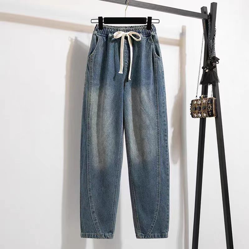 韓版大碼高腰寬鬆百搭鬆緊腰蘿蔔褲哈倫牛仔褲