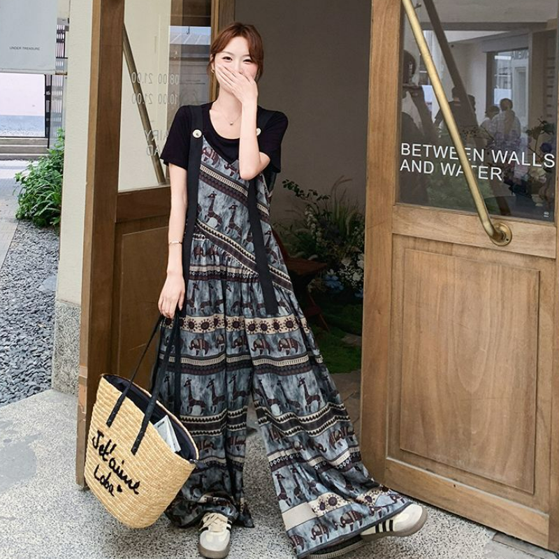 【單件/套裝】小眾波西米亞民族風背帶連體闊腿褲+短袖兩件套裝