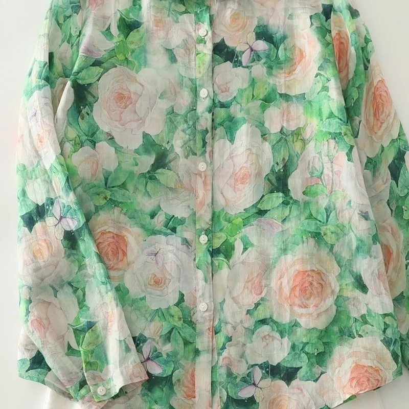 綠色碎花法式寬鬆顯瘦百搭長袖襯衫