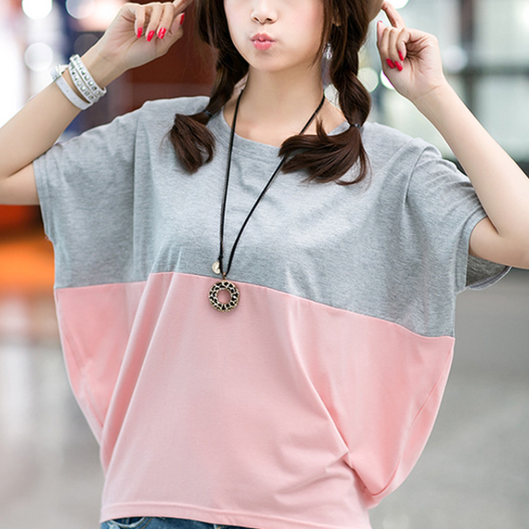 韓版撞色寬鬆休閒拼接蝙蝠衫圓領短袖