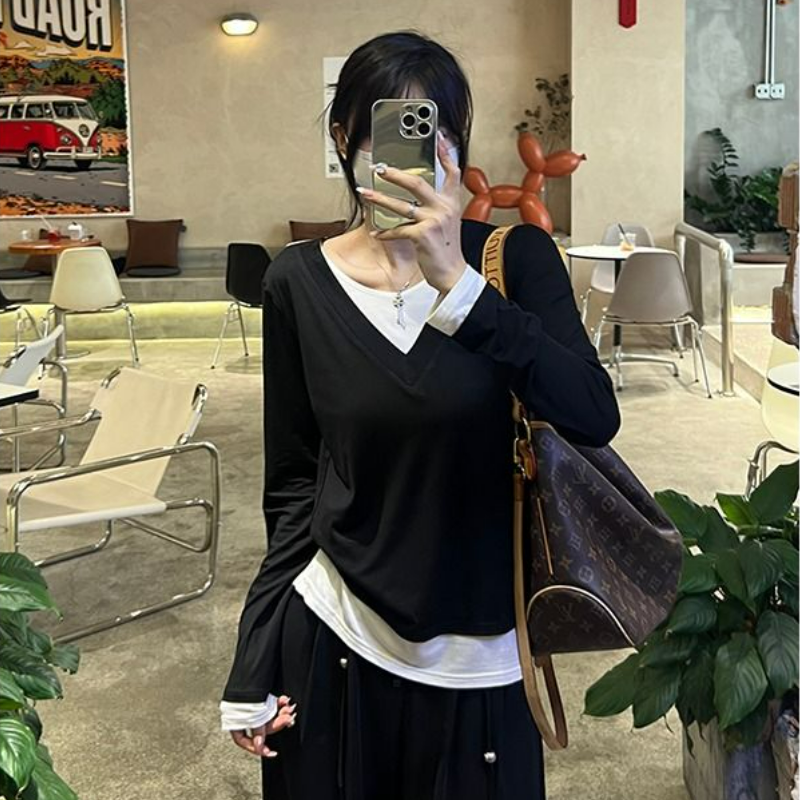純棉假兩件純慾風內搭打底衫修身設計感小眾長袖t恤