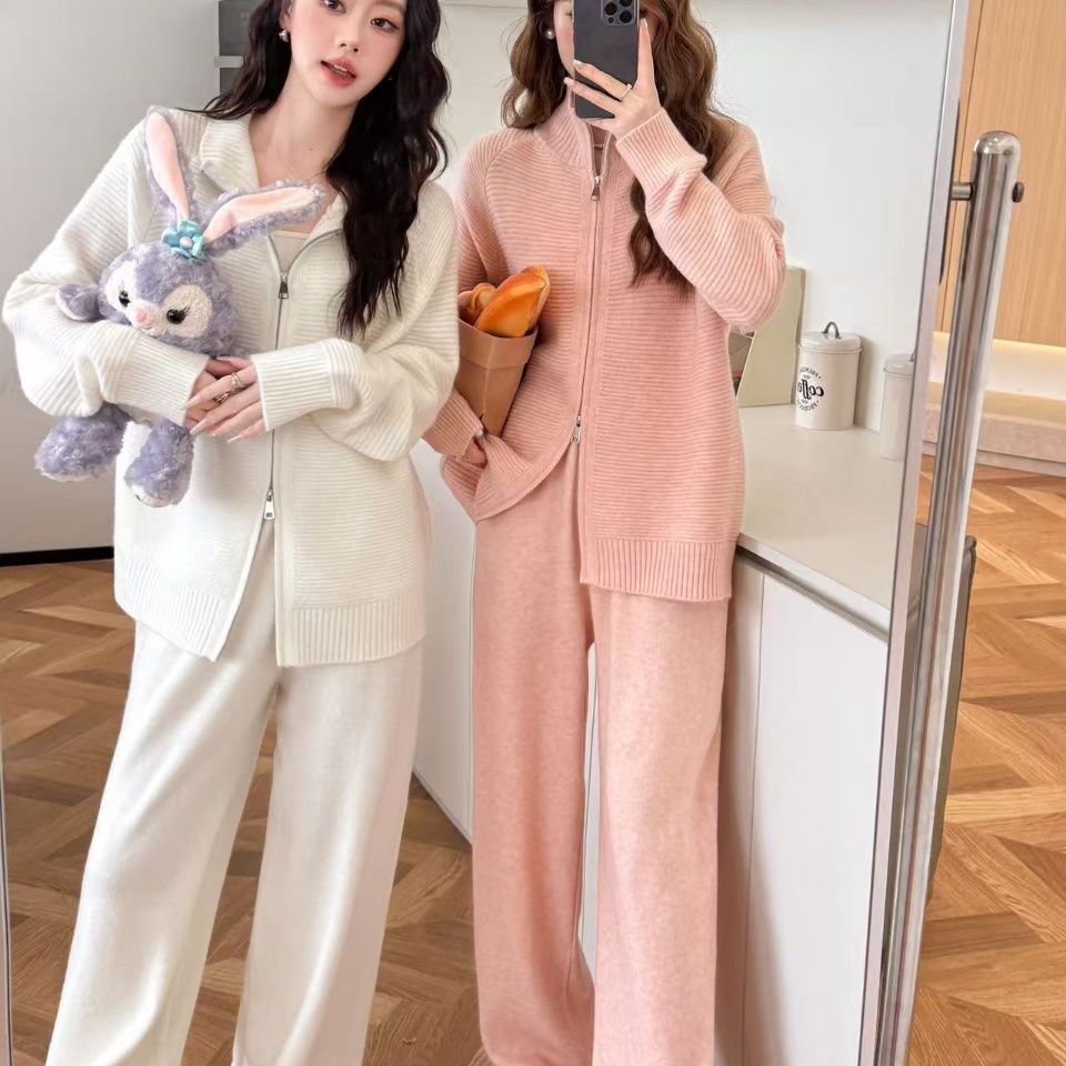 【整套】韓系時尚拉鏈針織翻領百搭毛衣+寬鬆休閒闊腿褲兩件套