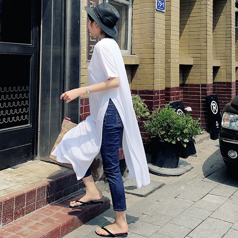 韓版寬鬆大碼休閒時尚過膝長版雙開叉短袖T恤