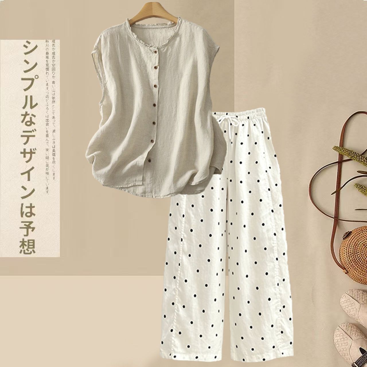 【整套】慵懶風棉麻木耳襯衫+寬松休閑波點褲兩件套