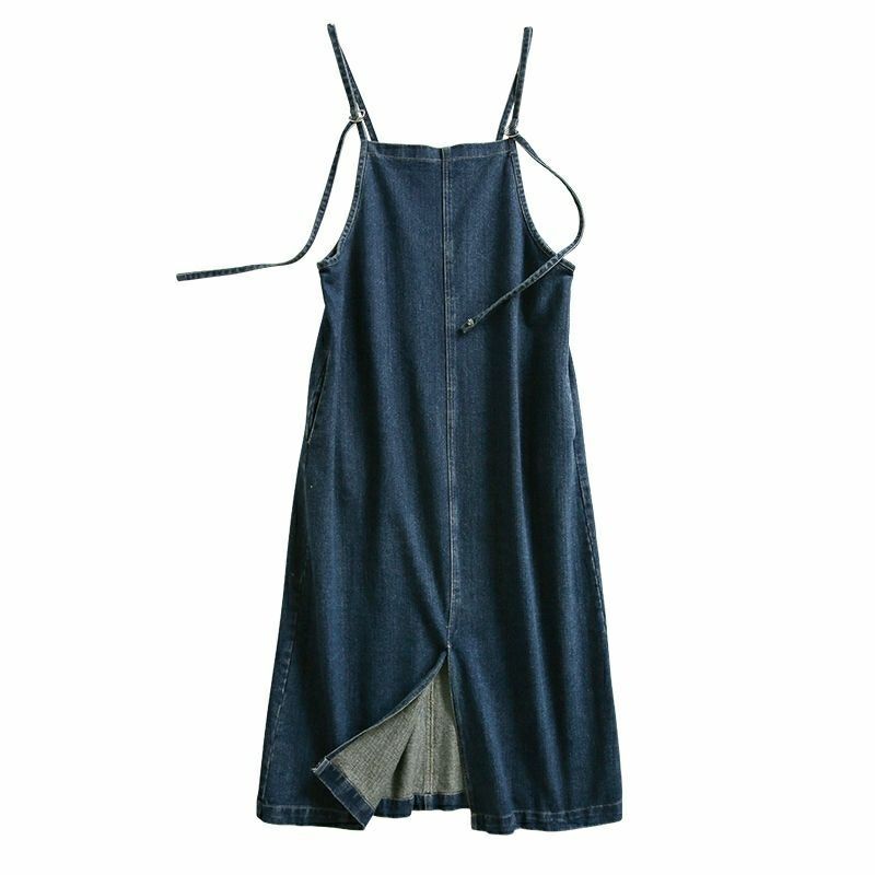 寬鬆減齡學生薄款開叉吊帶牛仔洋裝