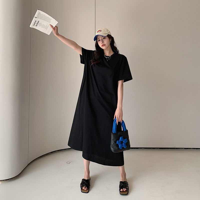寬鬆遮肚減齡連衣裙大碼顯瘦休閒過膝T恤裙