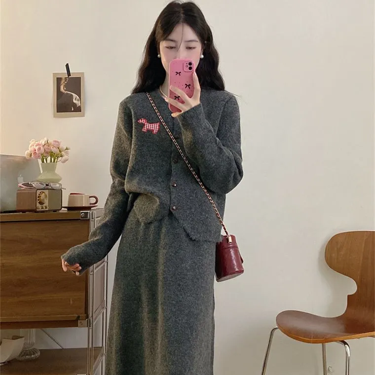 【整套】韓系減齡圓領學院風針織開衫+半身裙兩件套裝