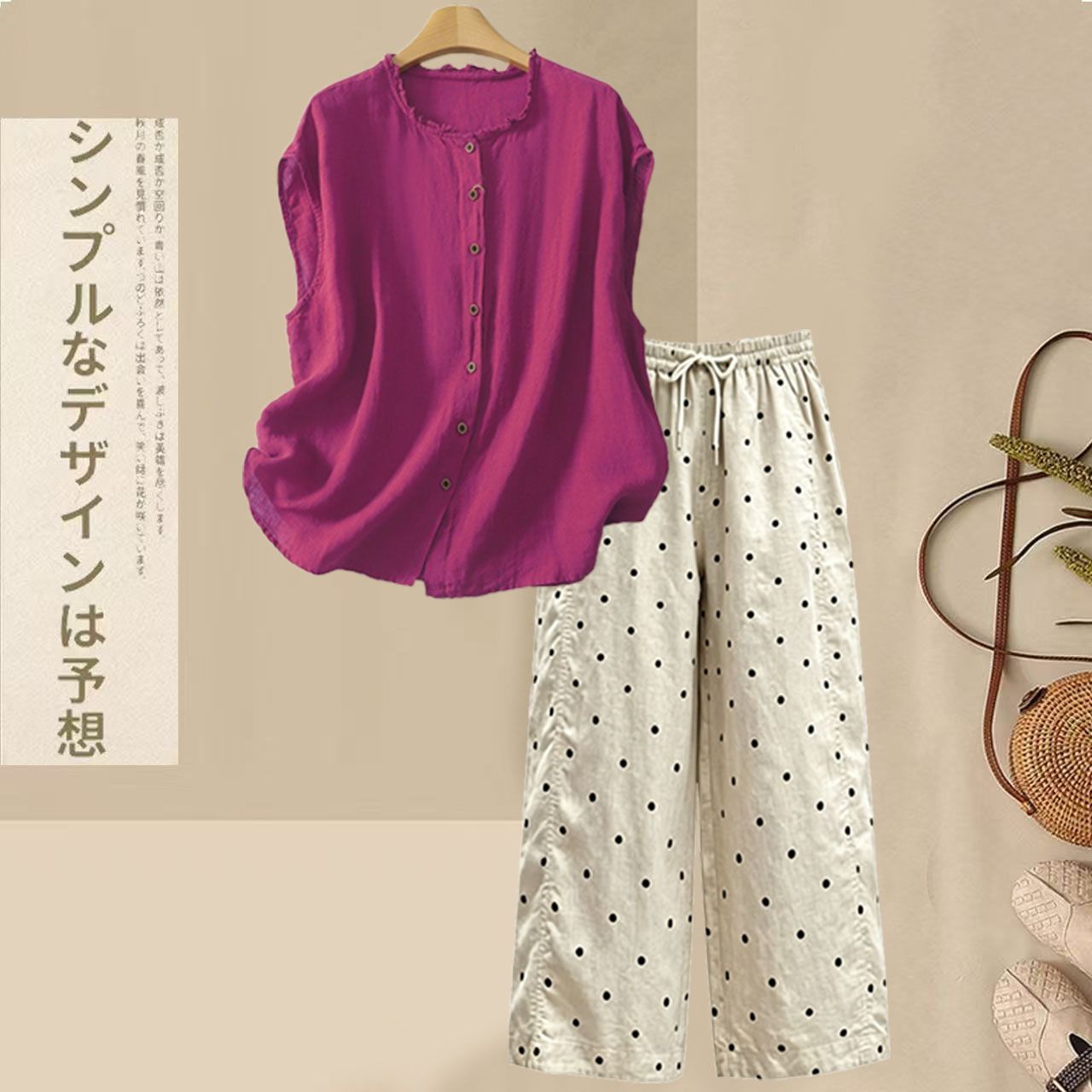 【整套】慵懶風棉麻木耳襯衫+寬松休閑波點褲兩件套
