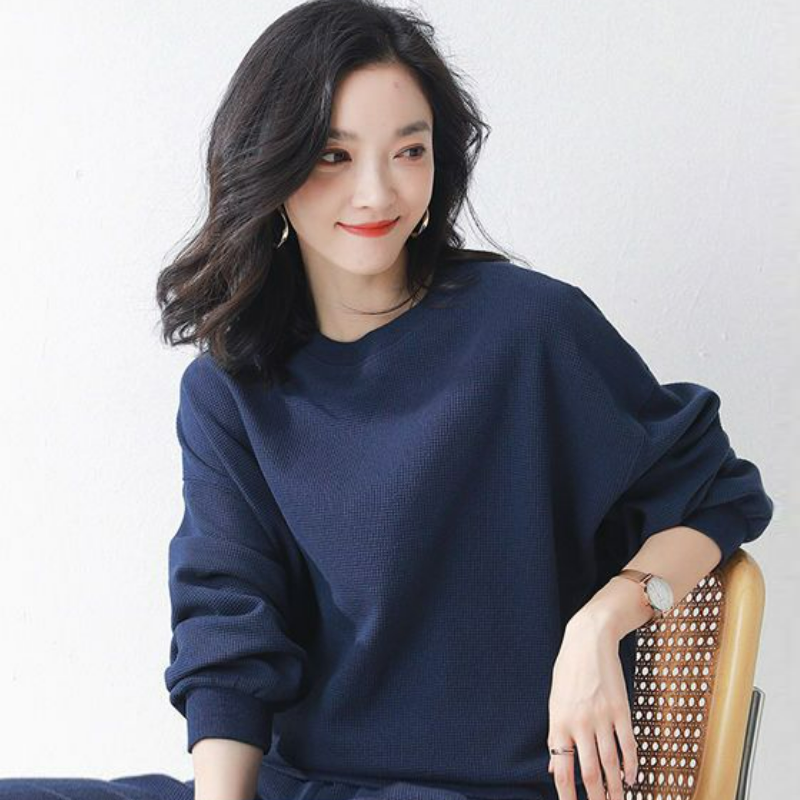 【整套】華夫格日韓休閑長袖T恤+跑步運動束腳褲兩件套裝