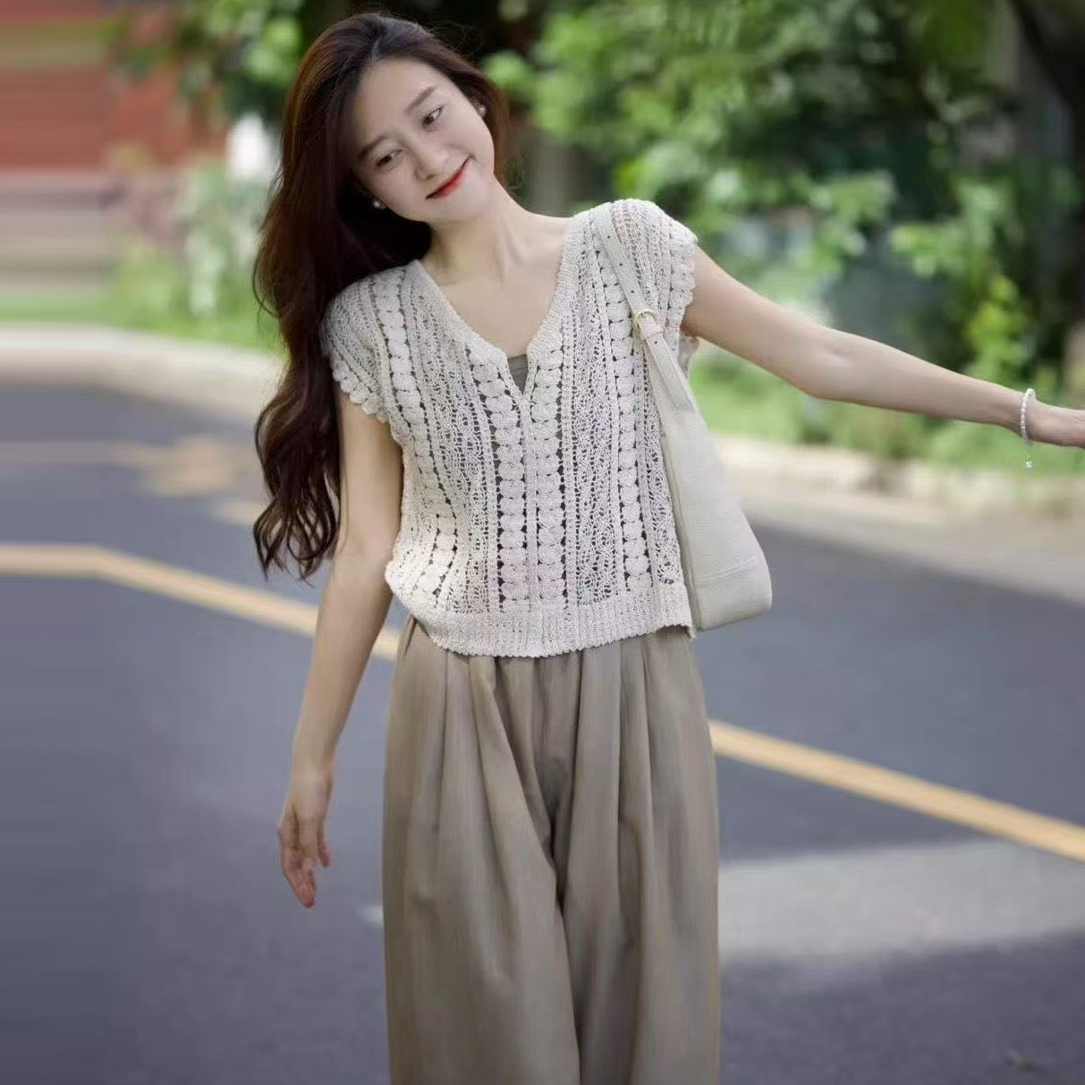 夏季休閒套裝女新款茶系小個子微胖時尚港風高級韓劇鹽系三件套裝