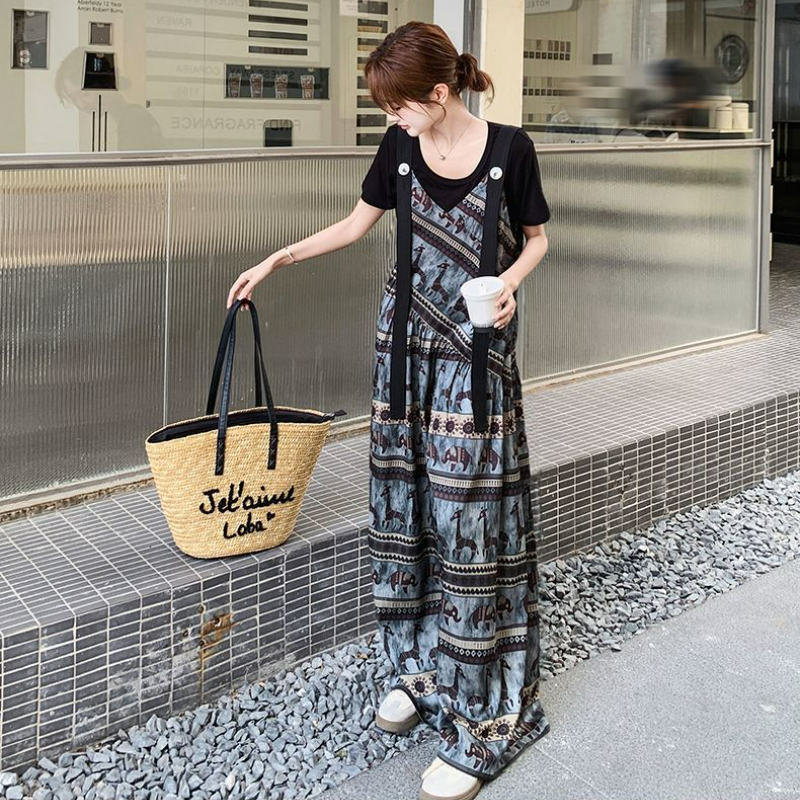 【單件/套裝】小眾波西米亞民族風背帶連體闊腿褲+短袖兩件套裝