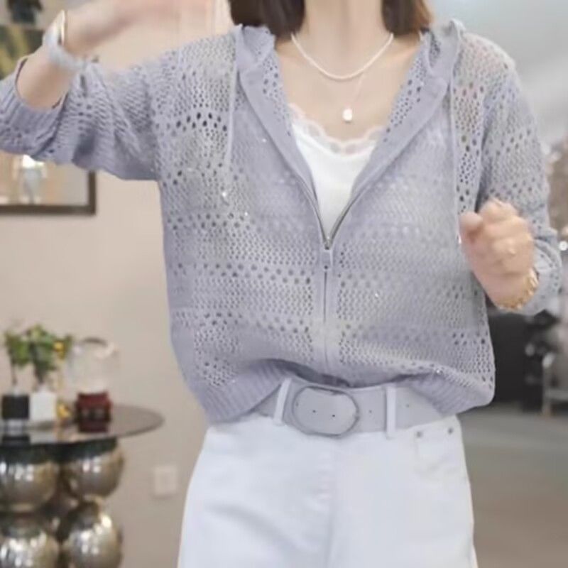 休閒長袖寬鬆連帽鏤空拉鏈開衫