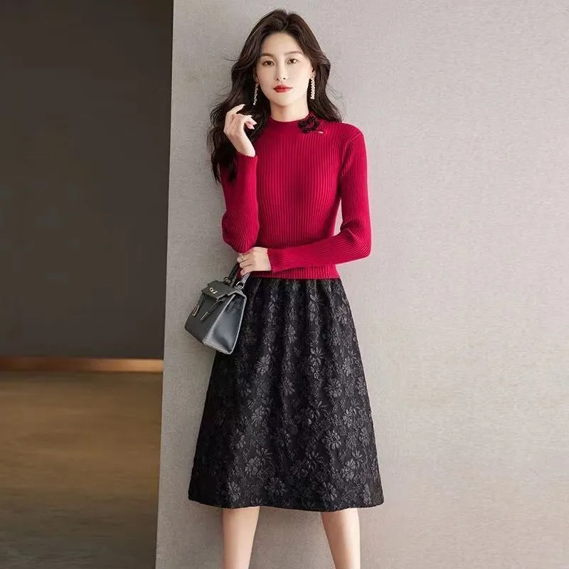 時尚氣質顯瘦過膝假兩件中長版針織洋裝