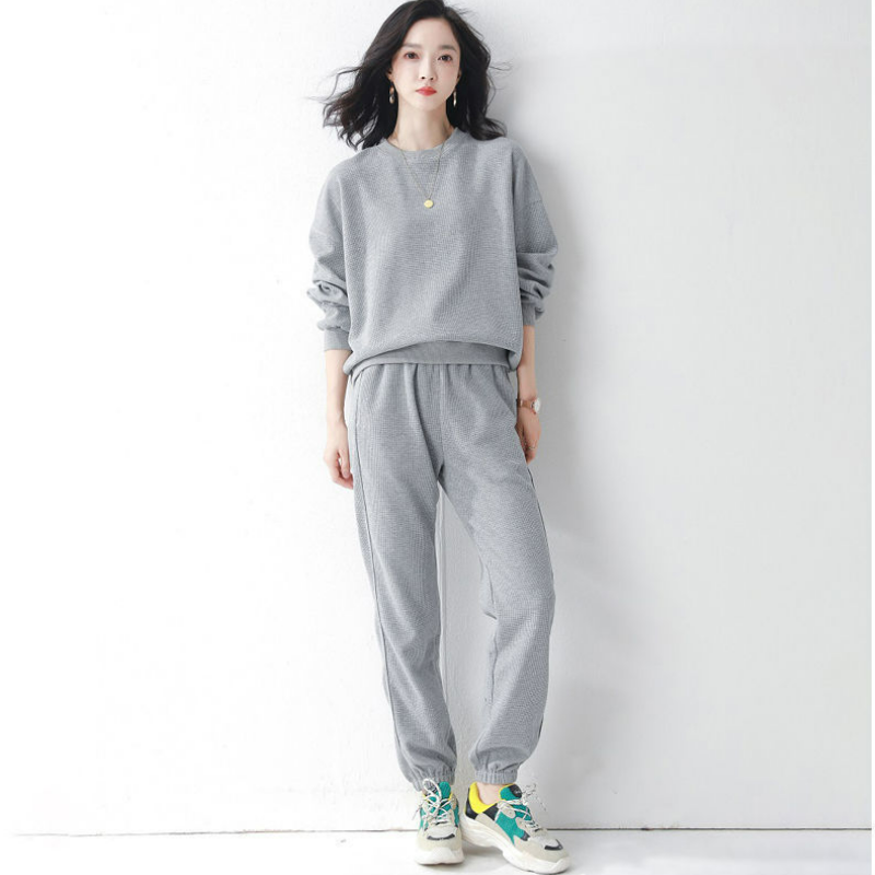 【整套】華夫格日韓休閑長袖T恤+跑步運動束腳褲兩件套裝