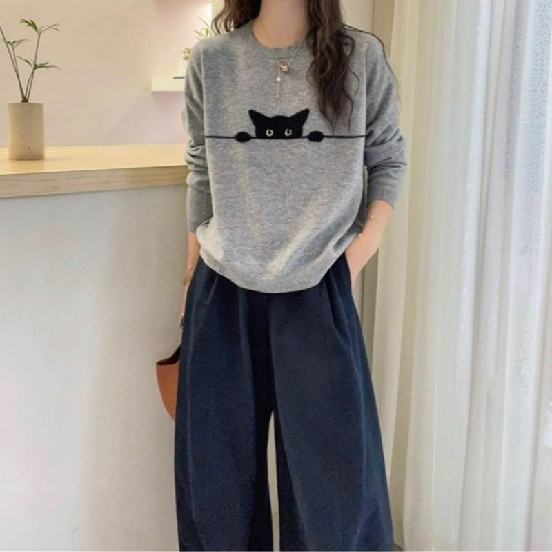 小貓圆领提花大碼寬鬆洋氣打底針織衫毛衣