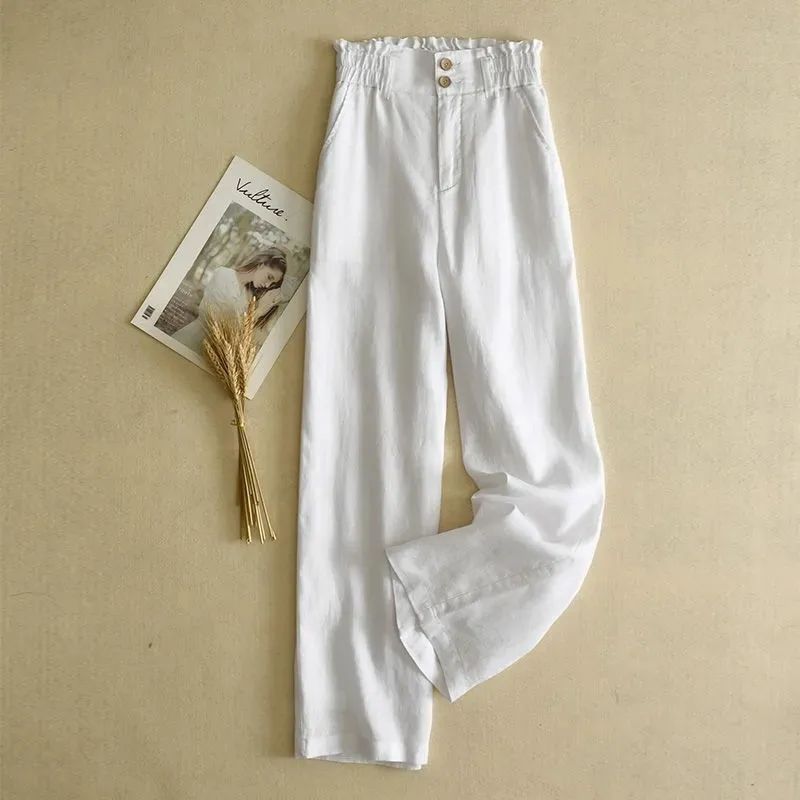 休閒舒適棉麻花苞腰垂感闊腿褲裝