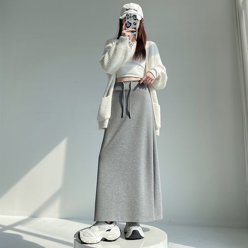 高腰直筒開叉a字裙垂墜感運動中長版半身裙