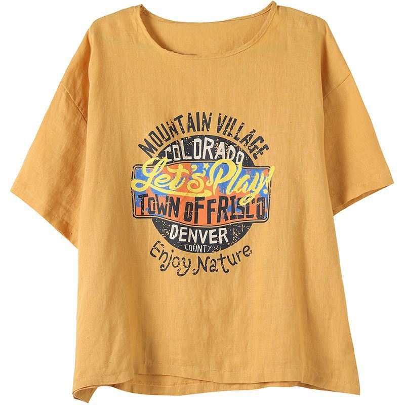 棉麻字母印花寬鬆大碼圓領百搭休閒短袖