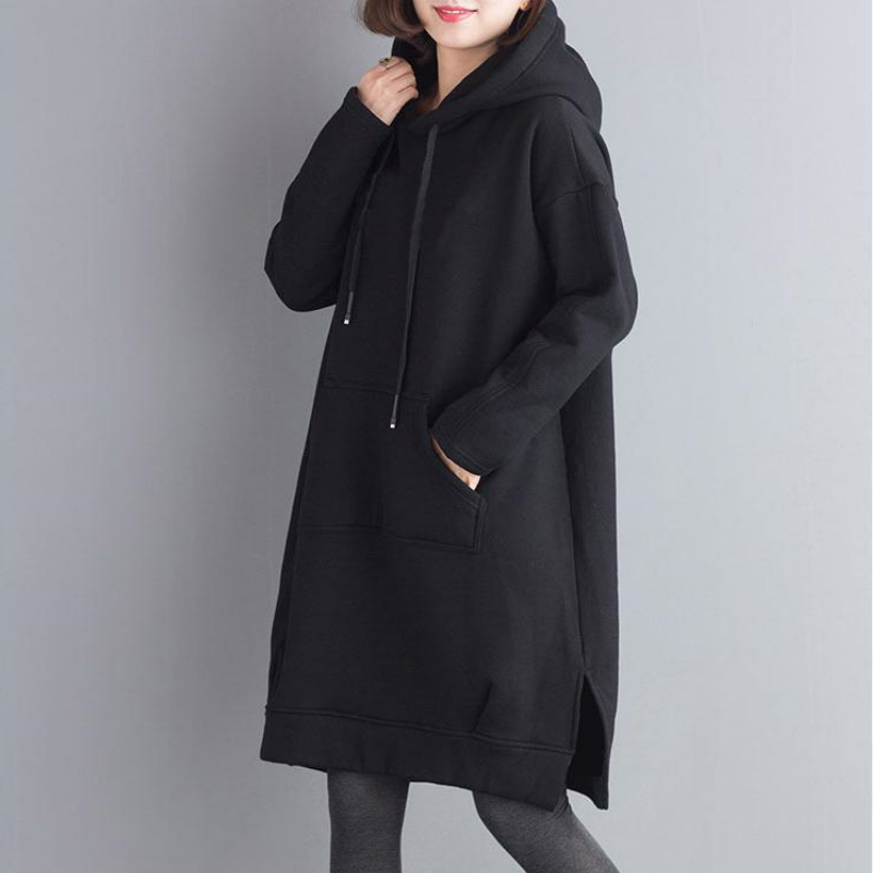 大碼寬鬆刷毛加厚素色開叉連帽中長裙