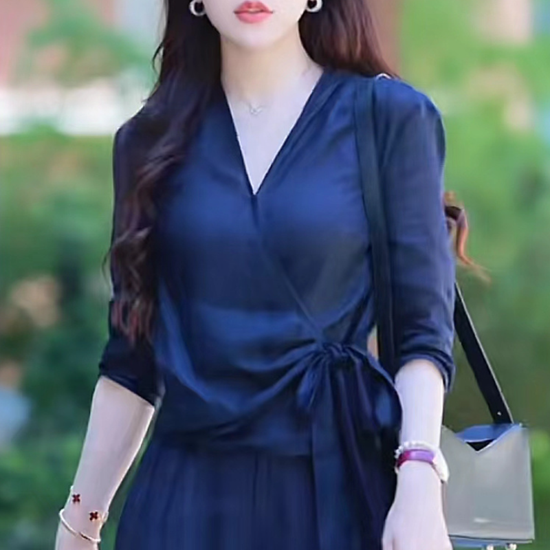 【單件/套裝】棉麻時尚減齡設計感V領襯衫+百搭高腰闊腿褲裝兩件套套裝