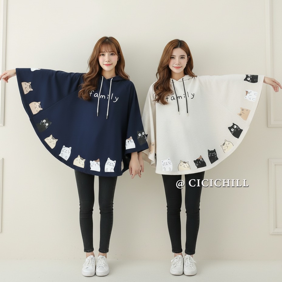 貓咪印花寬鬆顯瘦斗篷款蝙蝠袖連帽T