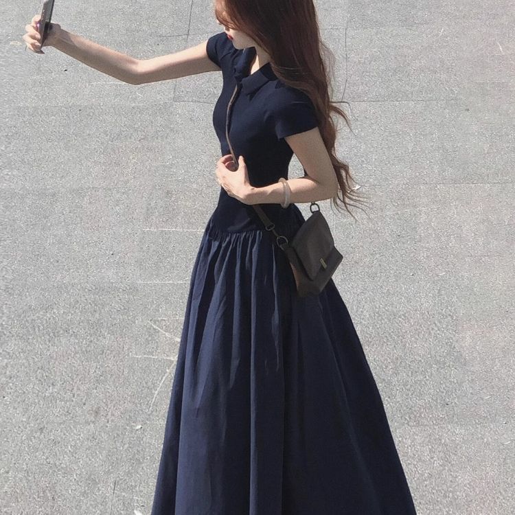 休閒polo領短袖拼接大擺慵懶長版洋裝