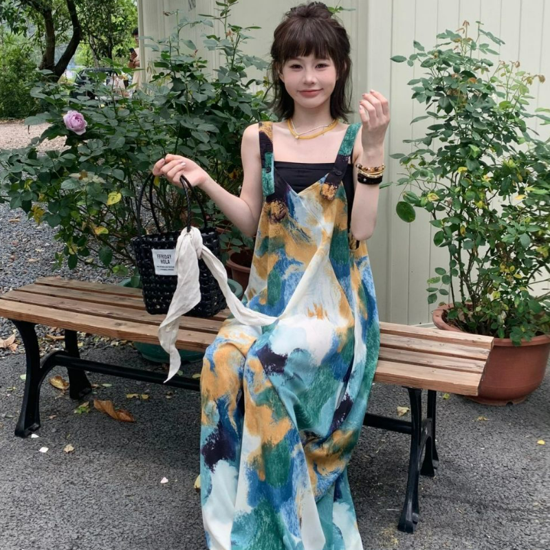 清涼顯白海島藍V領寬鬆休閒闊腿背帶連體褲