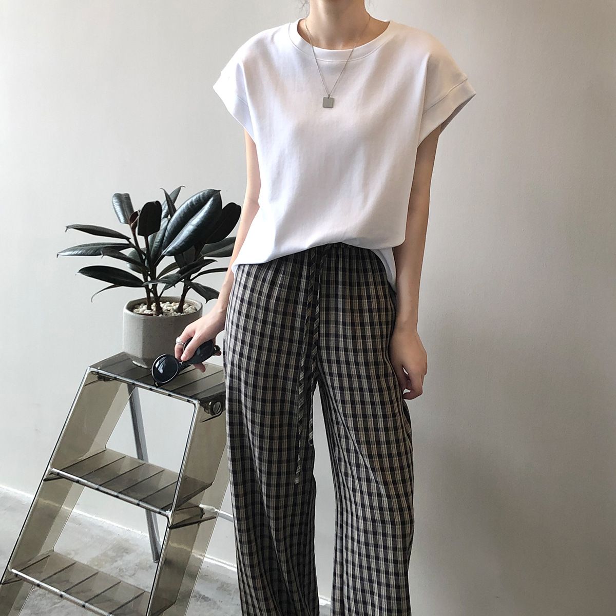 純棉落肩高級感寬鬆減齡洋氣小衫無袖短袖t恤