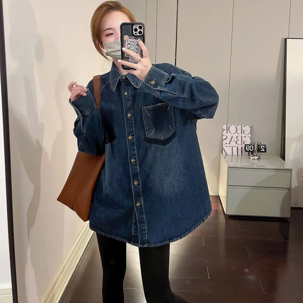 復古藍色牛仔百搭設計感長袖襯衫