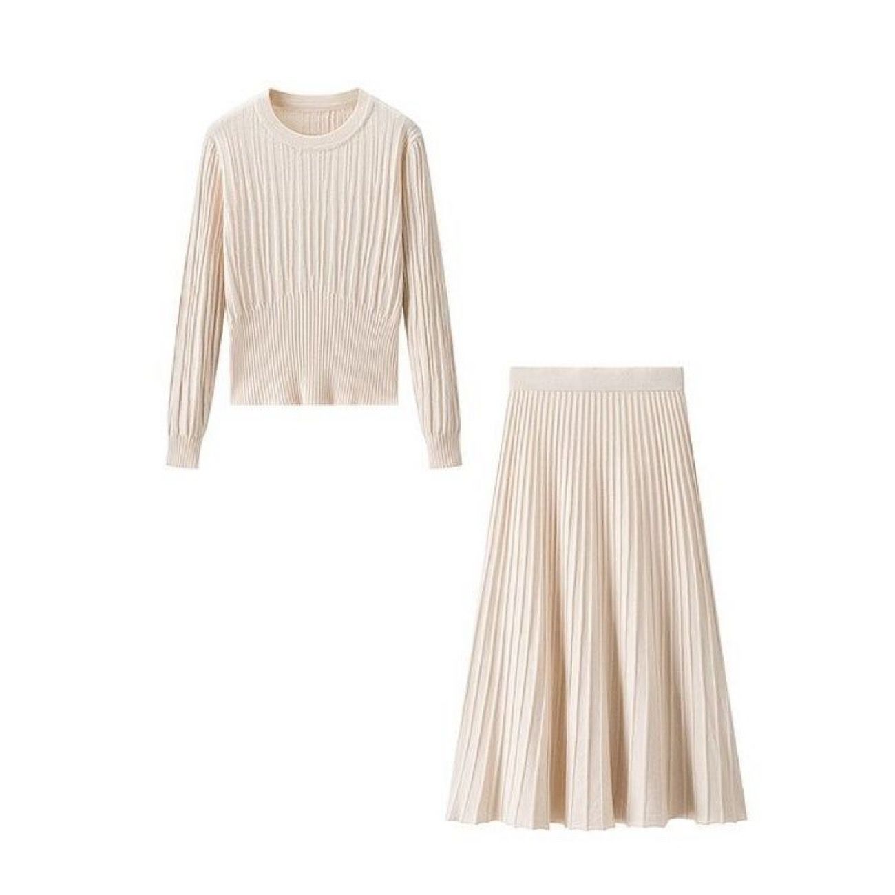 【單件/套裝】收腰顯瘦圓領時尚減齡針織毛衣+高腰半身長裙兩件套裝