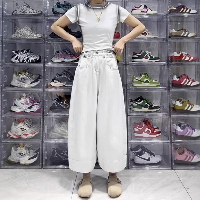 薄款大碼顯瘦直筒寬鬆梨型身材闊腿牛仔褲