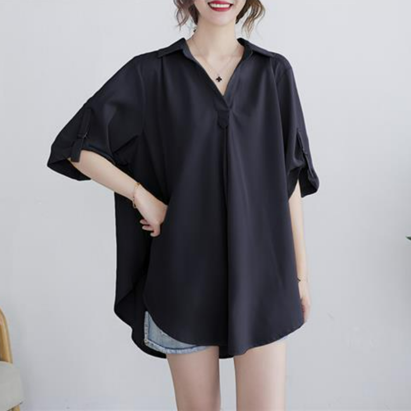 中長款短袖雪紡襯衫新款大碼寬鬆收腰顯瘦雪紡衫上衣女