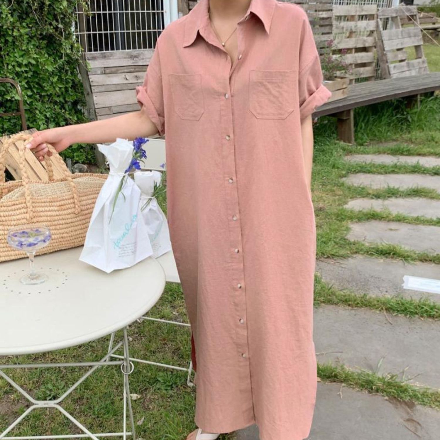 日系五色通勤簡約長款棉麻洋裝